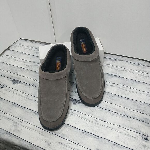 LB EVANS EDMONTON GRAY MEN'S SZ 12 LEATHER SLIPPERS 7530 FAUX FUR. - Picture 1 of 9